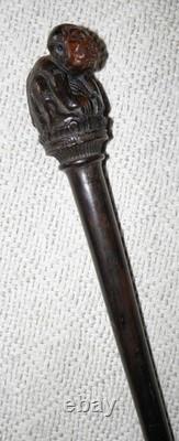 Antique 2 Tone Ebony Walking Stick / Cane Hand Carved Top Crouching Man