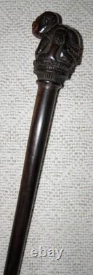 Antique 2 Tone Ebony Walking Stick / Cane Hand Carved Top Crouching Man