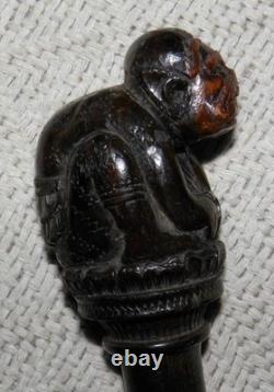 Antique 2 Tone Ebony Walking Stick / Cane Hand Carved Top Crouching Man