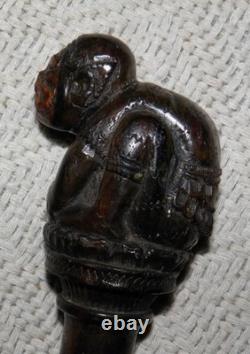 Antique 2 Tone Ebony Walking Stick / Cane Hand Carved Top Crouching Man