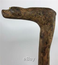 Antique 37 Victorian Folk Art Carved Wood Glass Eye Dog Head Walking Stick Cane