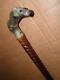 Antique African Mahogany Twist Walking Cane With Carved Lion & Mans Head Top