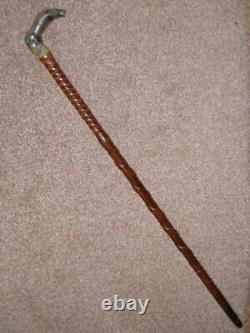 Antique African Mahogany Twist Walking Cane With Carved Lion & Mans Head Top