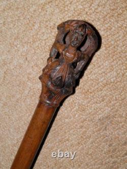 Antique African Tribal Ebony Walking Stick Cane Hand-Carved Lady Gatherer Top