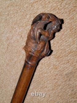 Antique African Tribal Ebony Walking Stick Cane Hand-Carved Lady Gatherer Top