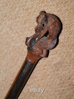 Antique African Tribal Ebony Walking Stick Cane Hand-Carved Lady Gatherer Top