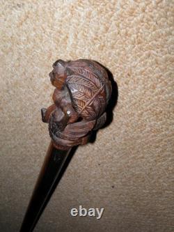Antique African Tribal Ebony Walking Stick Cane Hand-Carved Lady Gatherer Top