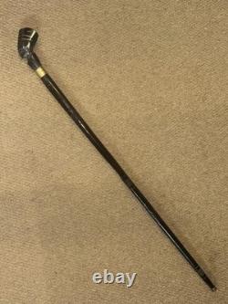Antique African Walking Stick Hand Carved Bovine Horn Ladies Head & Brass Collar