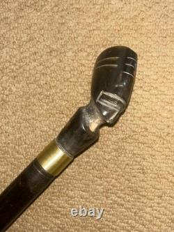 Antique African Walking Stick Hand Carved Bovine Horn Ladies Head & Brass Collar