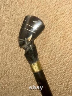 Antique African Walking Stick Hand Carved Bovine Horn Ladies Head & Brass Collar