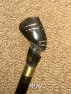 Antique African Walking Stick Hand Carved Bovine Horn Ladies Head & Brass Collar
