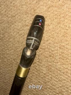 Antique African Walking Stick Hand Carved Bovine Horn Ladies Head & Brass Collar