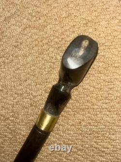 Antique African Walking Stick Hand Carved Bovine Horn Ladies Head & Brass Collar