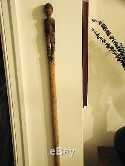 Antique American Folk Art Wood Carving Figural Carved Walking Stick Cane 36 3/4
