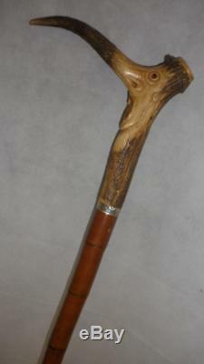 Antique Antler Hand Carved Grotesque Face WithGlass Eyes Gents Walking Stick 100cm