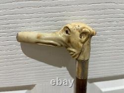 Antique Antler Handle Walking Stick Carved Naive Man with Long Nose Cane