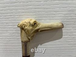 Antique Antler Handle Walking Stick Carved Naive Man with Long Nose Cane