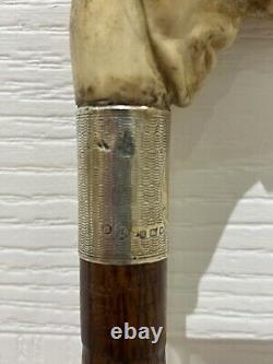 Antique Antler Handle Walking Stick Carved Naive Man with Long Nose Cane