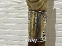 Antique Antler Handle Walking Stick Carved Naive Man with Long Nose Cane