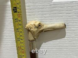 Antique Antler Handle Walking Stick Carved Naive Man with Long Nose Cane