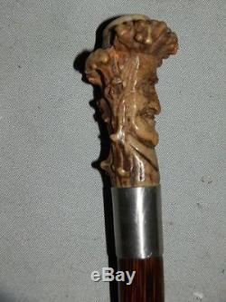 Antique AntlerHallmarked FATHER TIMES Wood Spirit Carved Folk-Art Cane