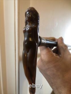 Antique Art deco Carved Erotic Woman Ebony Walking Stick Handle. Silver 1918rare