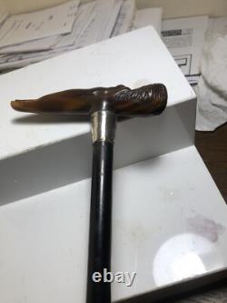Antique Art deco Carved Erotic Woman Ebony Walking Stick Handle. Silver 1918rare
