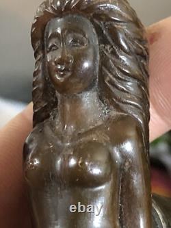 Antique Art deco Carved Erotic Woman Ebony Walking Stick Handle. Silver 1918rare