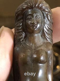 Antique Art deco Carved Erotic Woman Ebony Walking Stick Handle. Silver 1918rare