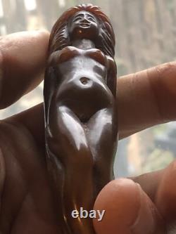 Antique Art deco Carved Erotic Woman Ebony Walking Stick Handle. Silver 1918rare