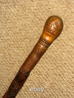 Antique Asian Oriental All Carved Bamboo Walking Stick Cane Root Ball Top