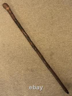 Antique Asian Oriental All Carved Bamboo Walking Stick Cane Root Ball Top