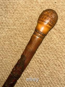 Antique Asian Oriental All Carved Bamboo Walking Stick Cane Root Ball Top