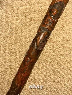 Antique Asian Oriental All Carved Bamboo Walking Stick Cane Root Ball Top