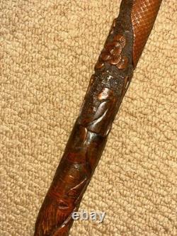 Antique Asian Oriental All Carved Bamboo Walking Stick Cane Root Ball Top