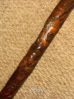 Antique Asian Oriental All Carved Bamboo Walking Stick Cane Root Ball Top
