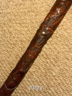Antique Asian Oriental All Carved Bamboo Walking Stick Cane Root Ball Top