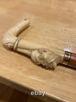 Antique Asian Rare Carved Bone Victorian Scrimshaw Walking Stick/cane Fu Manchu