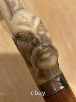 Antique Asian Rare Carved Bone Victorian Scrimshaw Walking Stick/cane Fu Manchu