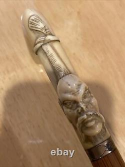 Antique Asian Rare Carved Bone Victorian Scrimshaw Walking Stick/cane Fu Manchu