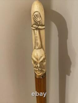 Antique Asian Rare Carved Bone Victorian Scrimshaw Walking Stick/cane Fu Manchu