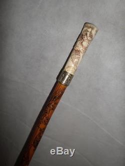 Antique Asian carved cane with silver collar, signed bamboo shaft