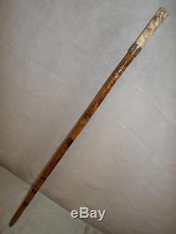 Antique Asian carved cane with silver collar, signed bamboo shaft