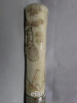 Antique Asian carved cane with silver collar, signed bamboo shaft
