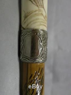 Antique Asian carved cane with silver collar, signed bamboo shaft