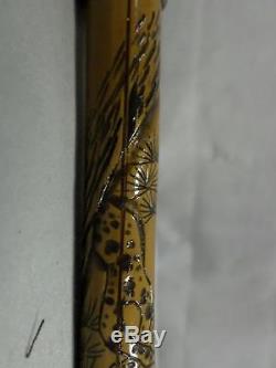 Antique Asian carved cane with silver collar, signed bamboo shaft