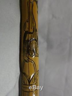 Antique Asian carved cane with silver collar, signed bamboo shaft