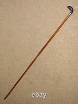 Antique Bamboo Cane/Whip With Hand-Carved Treen Parrot & Gold Collar 89.5cm
