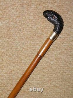 Antique Bamboo Cane/Whip With Hand-Carved Treen Parrot & Gold Collar 89.5cm