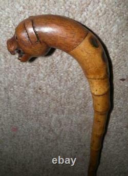 Antique Bamboo Walking Cane With Hand-Carved Panting Labrador Dog Top